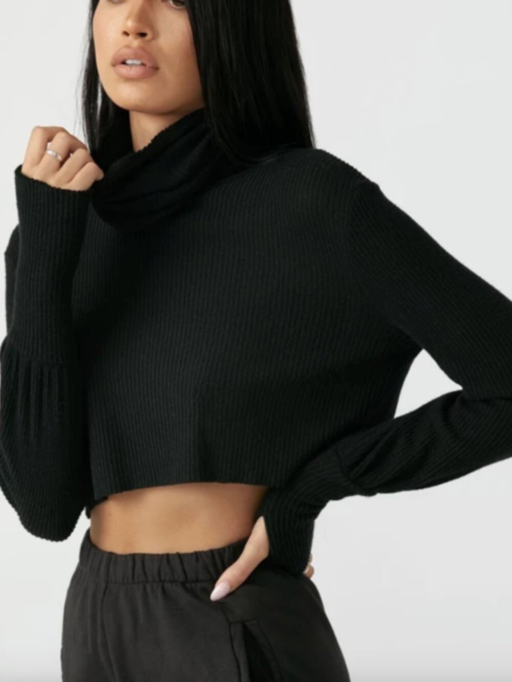 Joah Brown Ribbed Cropped Turtle Neck Black